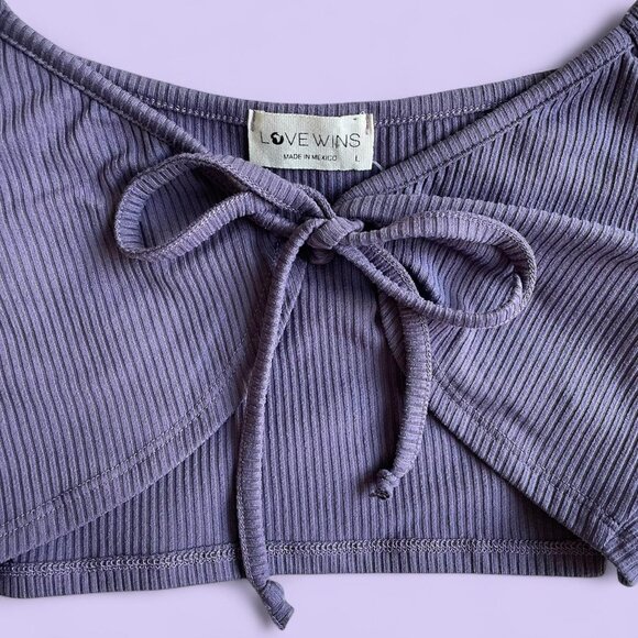 Love Wins Purple Ribbed Tie Front Crop Top – Size L - Picture 3 of 6